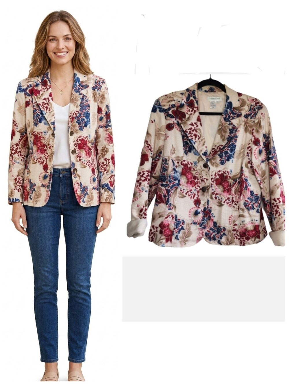 Coldwater Creek cream floral blazer suit jacket Women's size medium